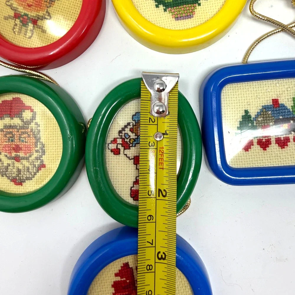 Lot of 6 Vintage Handmade Cross Stitch Christmas Ornaments Plastic Frames